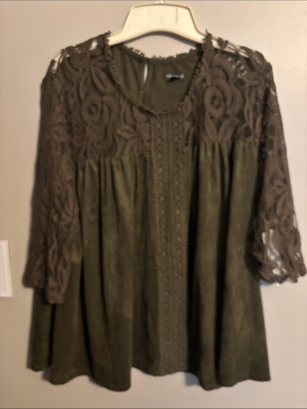 Hannah Olive Green Lace Yoke Women's Top